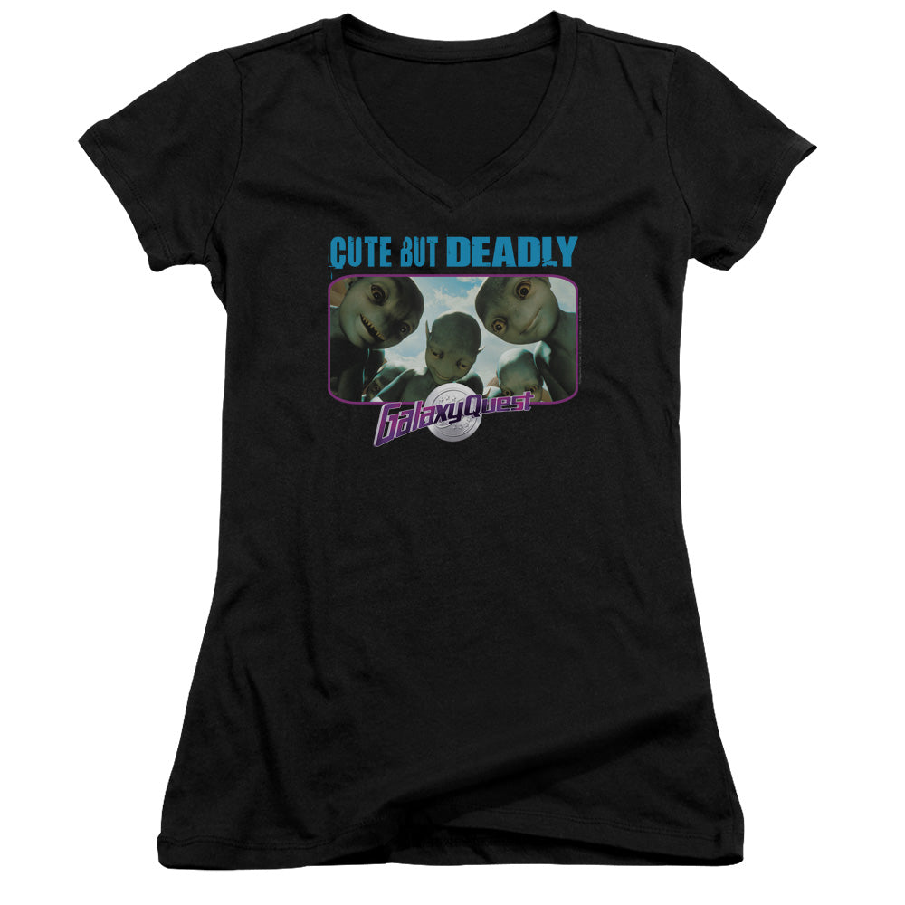 Galaxy Quest Cute But Deadly Junior Sheer Cap Sleeve V-Neck Womens T Shirt Black