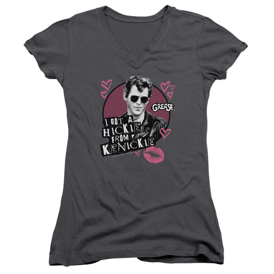 Grease Kenickie Junior Sheer Cap Sleeve V-Neck Womens T Shirt Charcoal