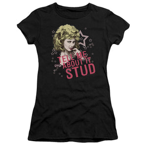 Grease Tell Me About It Stud Junior Sheer Cap Sleeve Womens T Shirt Black