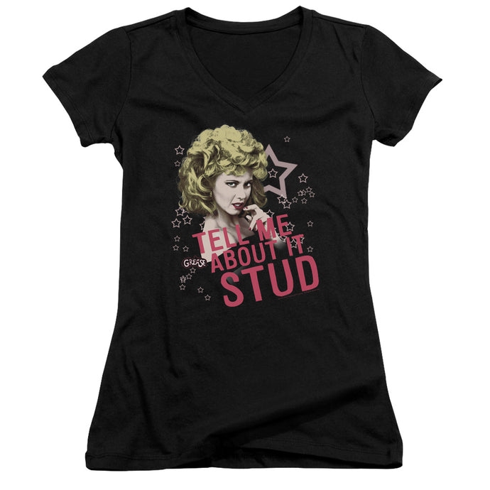 Grease Tell Me About It Stud Junior Sheer Cap Sleeve V-Neck Womens T Shirt Black