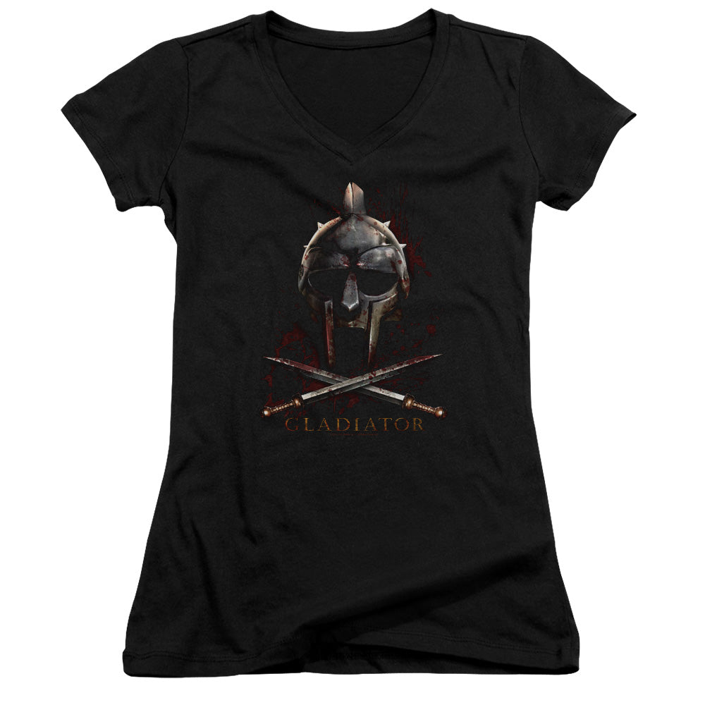 Gladiator Helmet Junior Sheer Cap Sleeve V-Neck Womens T Shirt Black