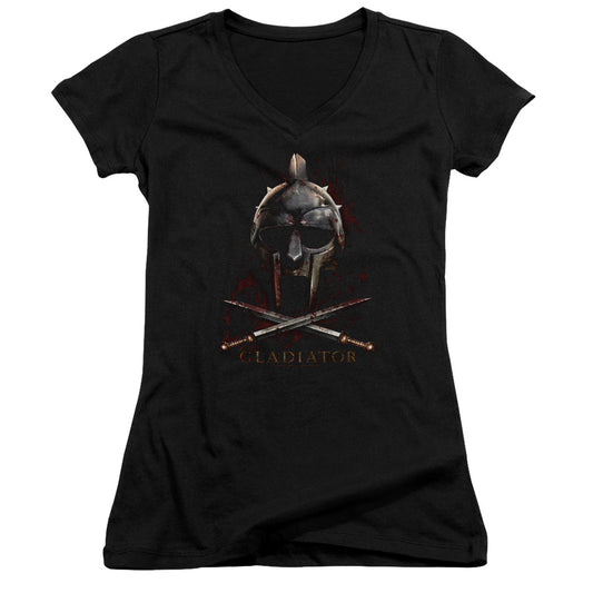 Gladiator Helmet Junior Sheer Cap Sleeve V-Neck Womens T Shirt Black