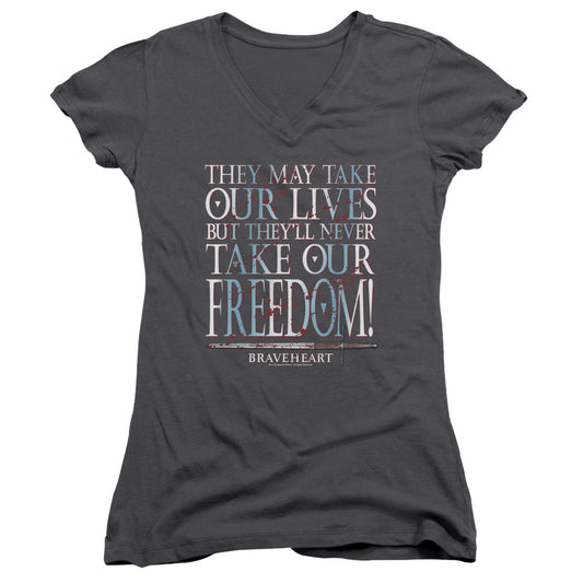 Braveheart Freedom Junior Sheer Cap Sleeve V-Neck Womens T Shirt Charcoal