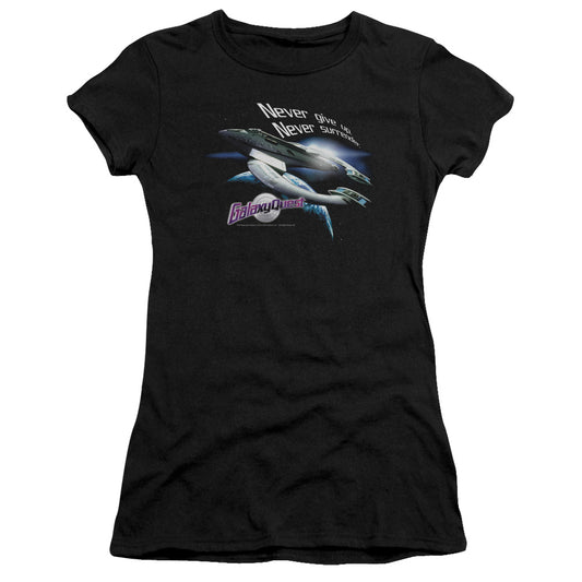 Galaxy Quest Never Surrender Junior Sheer Cap Sleeve Womens T Shirt Black