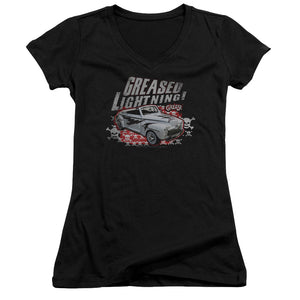 Grease Greased Lightening Junior Sheer Cap Sleeve V-Neck Womens T Shirt Black