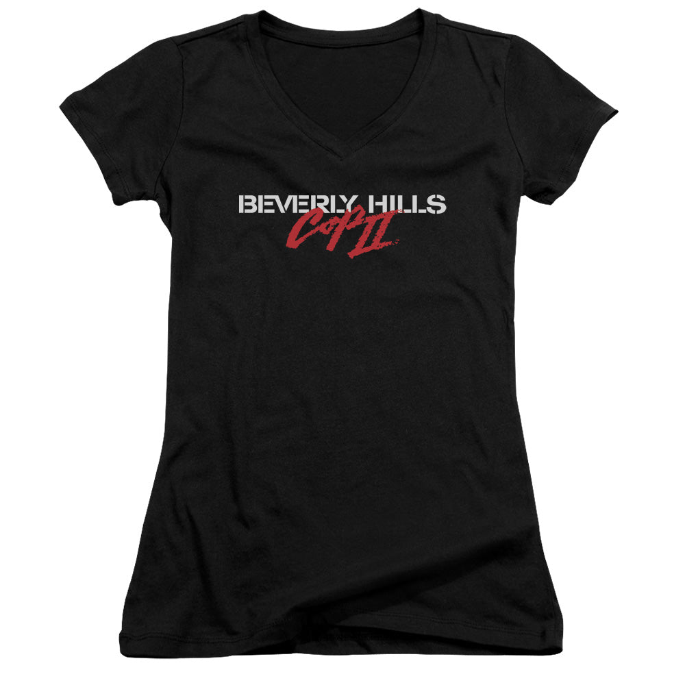 Beverly Hills Cop II Logo Junior Sheer Cap Sleeve V-Neck Womens T Shirt Black