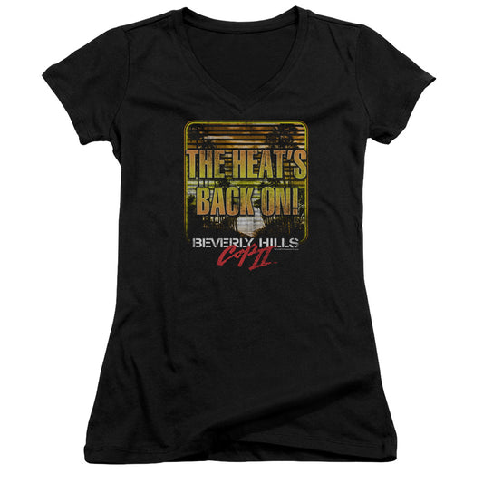 Beverly Hills Cop II The Heats Back Junior Sheer Cap Sleeve V-Neck Womens T Shirt Black