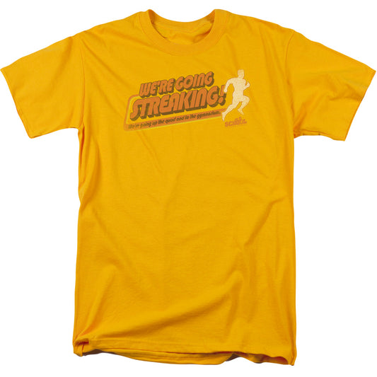 Old School Streaking Mens T Shirt Gold