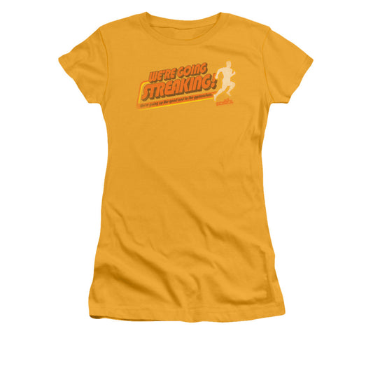 Old School Streaking Junior Sheer Cap Sleeve Womens T Shirt Gold