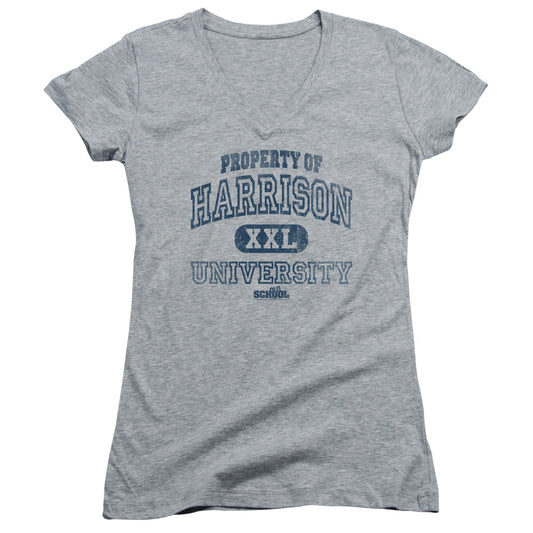 Old School Property Of Harrison Junior Sheer Cap Sleeve V-Neck Womens T Shirt Athletic Heather