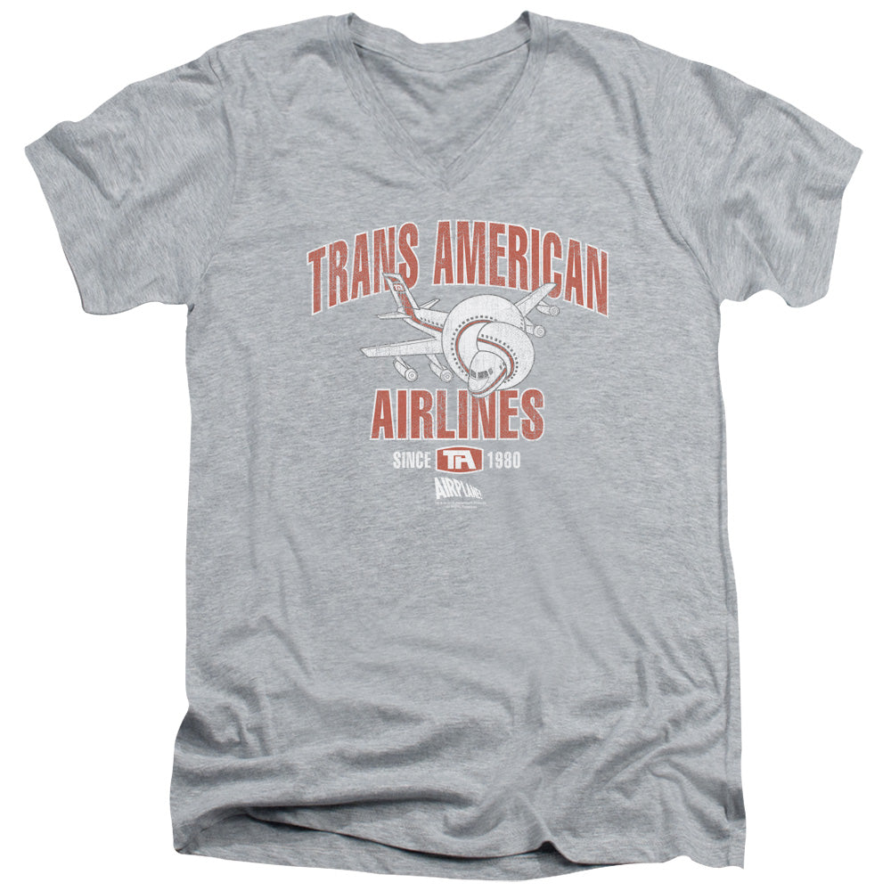 Airplane! Trans American Mens Slim Fit V-Neck T Shirt Athletic Heather