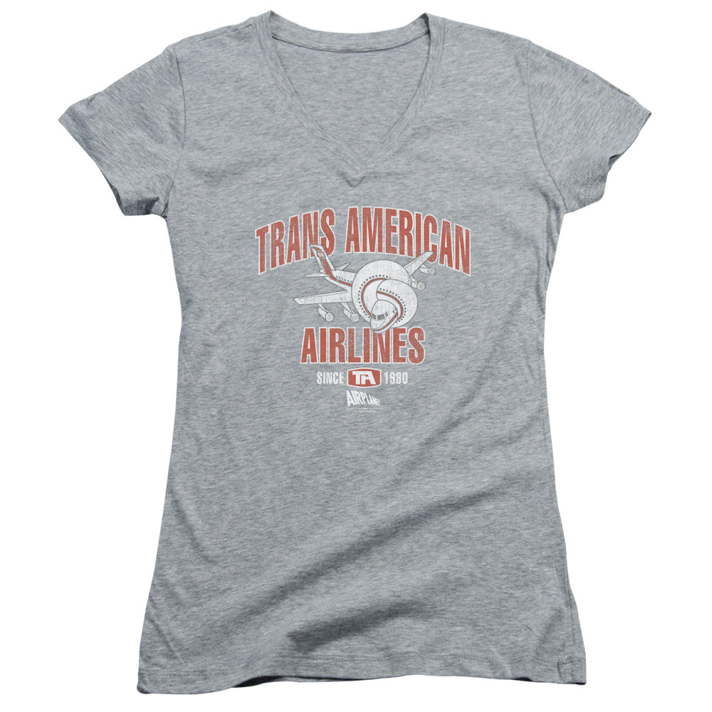 Airplane! Trans American Junior Sheer Cap Sleeve V-Neck Womens T Shirt Athletic Heather