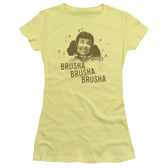 Grease Brusha Brusha Brusha Junior Sheer Cap Sleeve Womens T Shirt Yellow