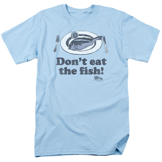 Airplane! Don't Eat The Fish Mens T Shirt Light Blue