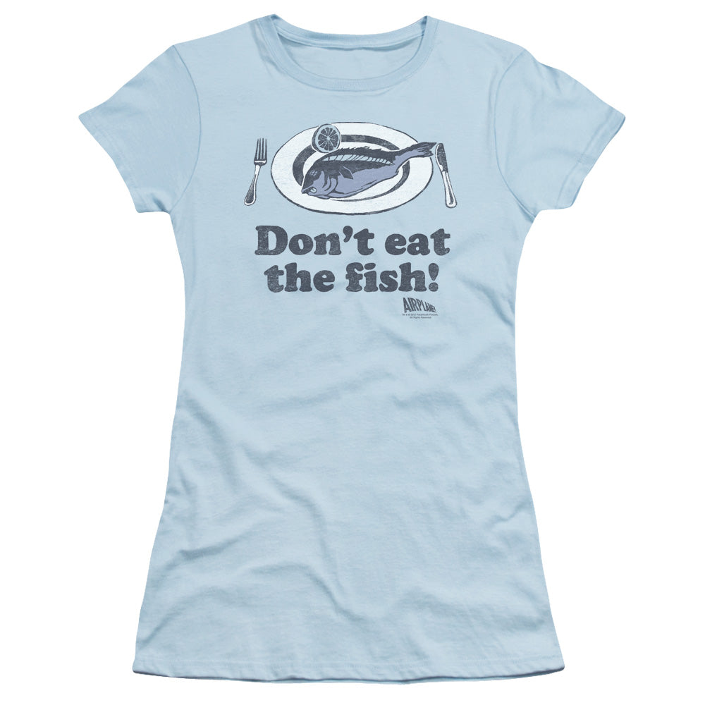 Airplane! Don't Eat The Fish Junior Sheer Cap Sleeve Womens T Shirt Light Blue