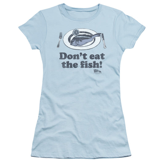 Airplane! Don't Eat The Fish Junior Sheer Cap Sleeve Womens T Shirt Light Blue