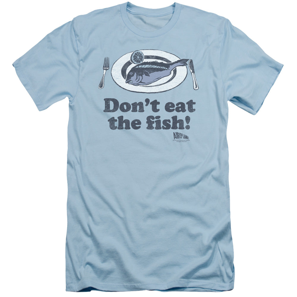 Airplane! Don't Eat The Fish Slim Fit Mens T Shirt Light Blue