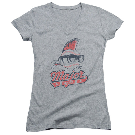 Major League Vintage Logo Junior Sheer Cap Sleeve V-Neck Womens T Shirt Athletic Heather