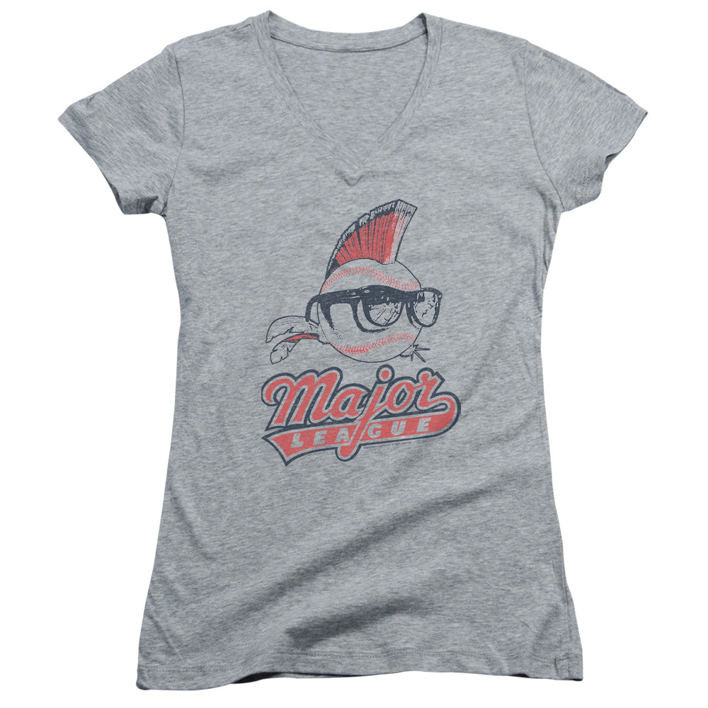 Major League Vintage Logo Junior Sheer Cap Sleeve V-Neck Womens T Shirt Athletic Heather