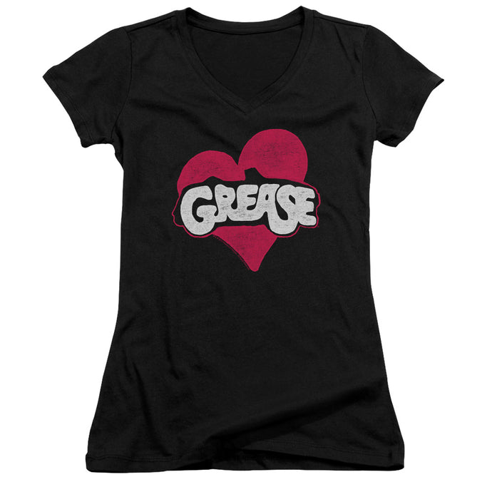 Grease Heart Junior Sheer Cap Sleeve V-Neck Womens T Shirt Black