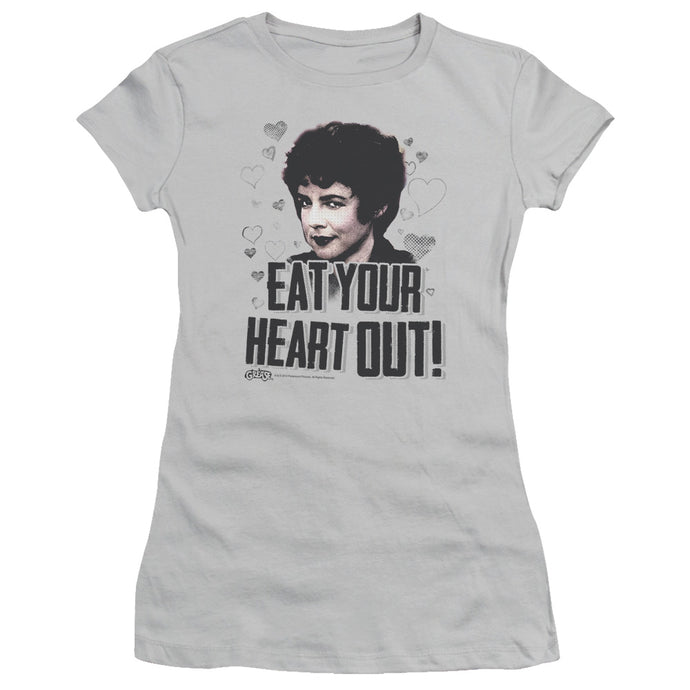 Grease Eat Your Heart Out Junior Sheer Cap Sleeve Womens T Shirt Silver