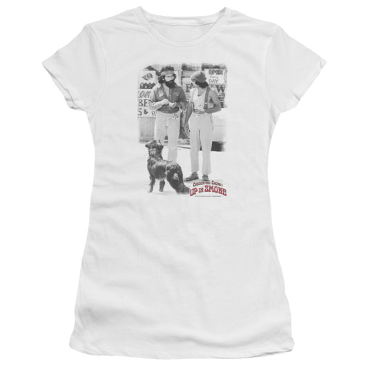 Up In Smoke Square Junior Sheer Cap Sleeve Womens T Shirt White