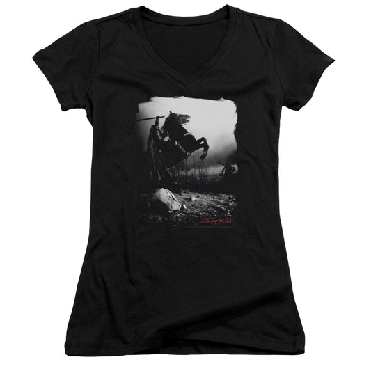 Sleepy Hollow Foggy Night Junior Sheer Cap Sleeve V Neck Womens T Shirt Black