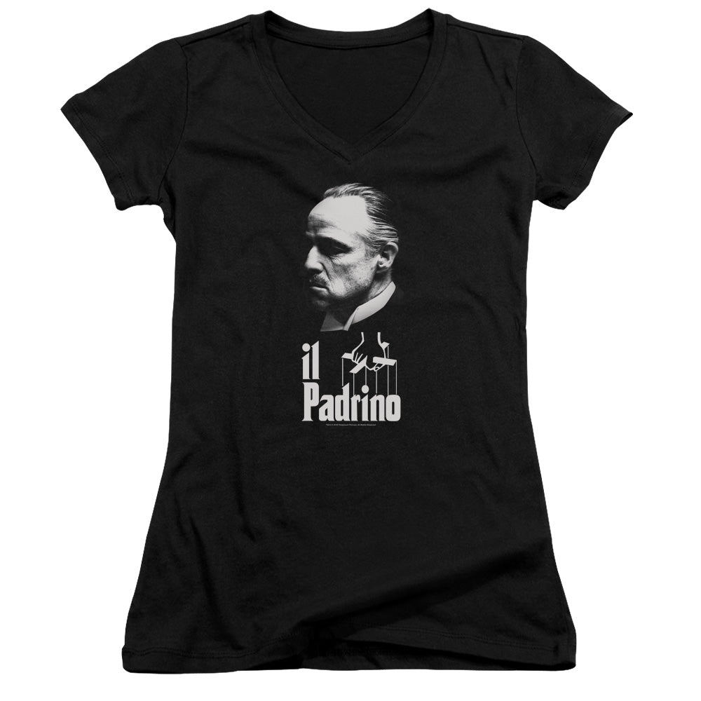 The Godfather II Padrino Junior Sheer Cap Sleeve V-Neck Womens T Shirt Black