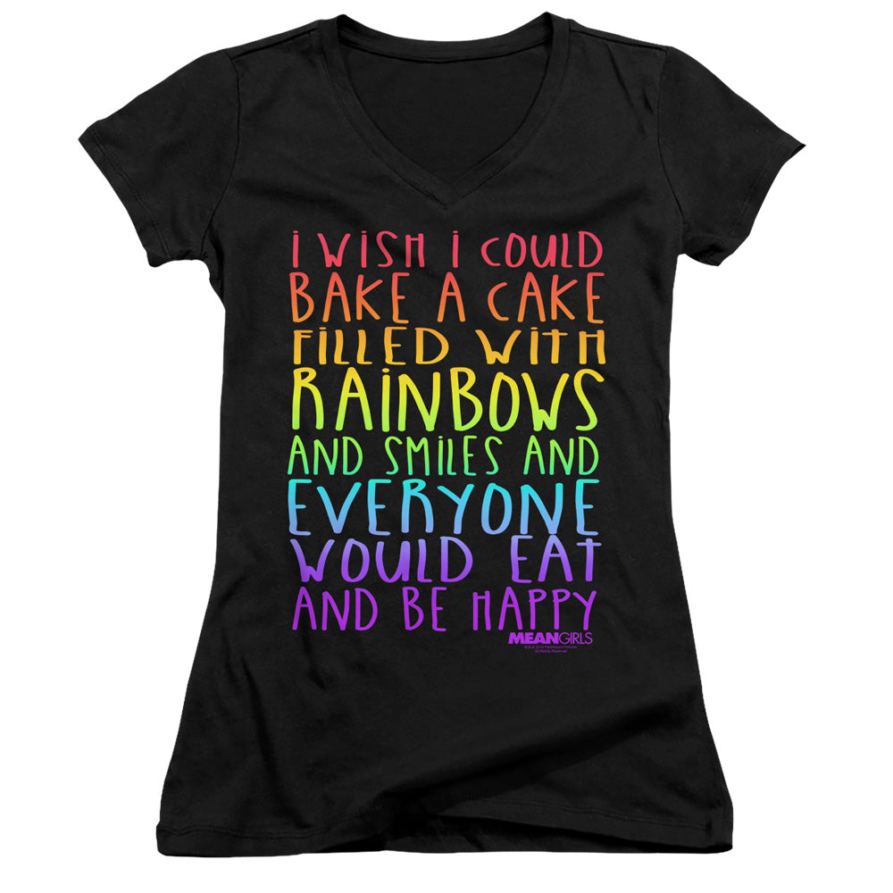 Mean Girls Rainbows And Cake Junior Sheer Cap Sleeve V-Neck Womens T Shirt Black