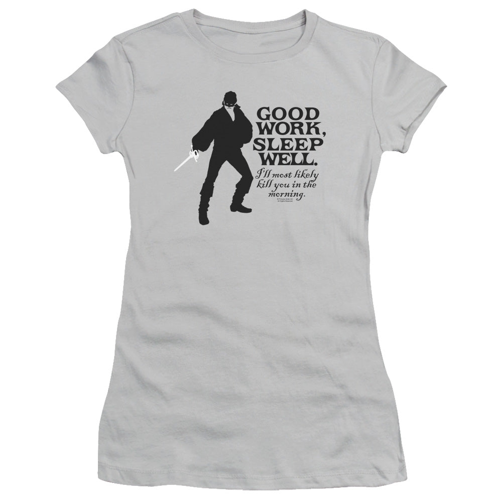 The Princess Bride Good Work Junior Sheer Cap Sleeve Womens T Shirt Silver