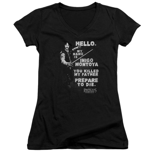 The Princess Bride Hello Again Junior Sheer Cap Sleeve V-Neck Womens T Shirt Black