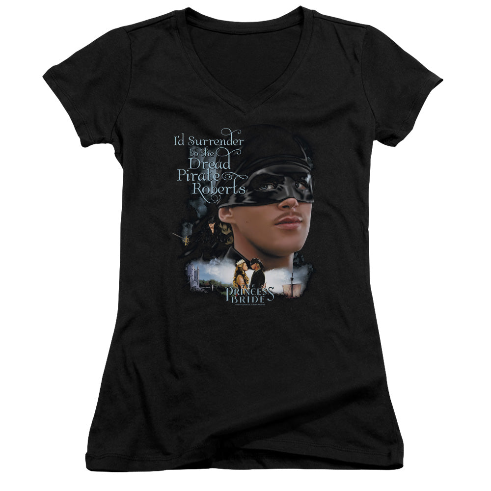 The Princess Bride Surrender Junior Sheer Cap Sleeve V-Neck Womens T Shirt Black