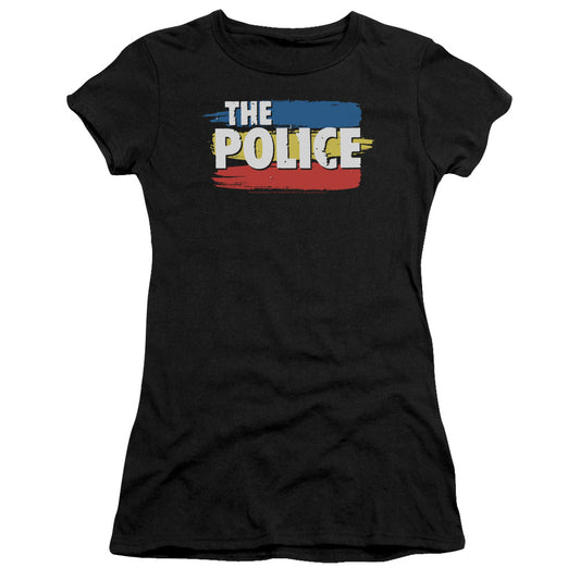 The Police Three Stripes Logo Junior Sheer Cap Sleeve Womens T Shirt Black