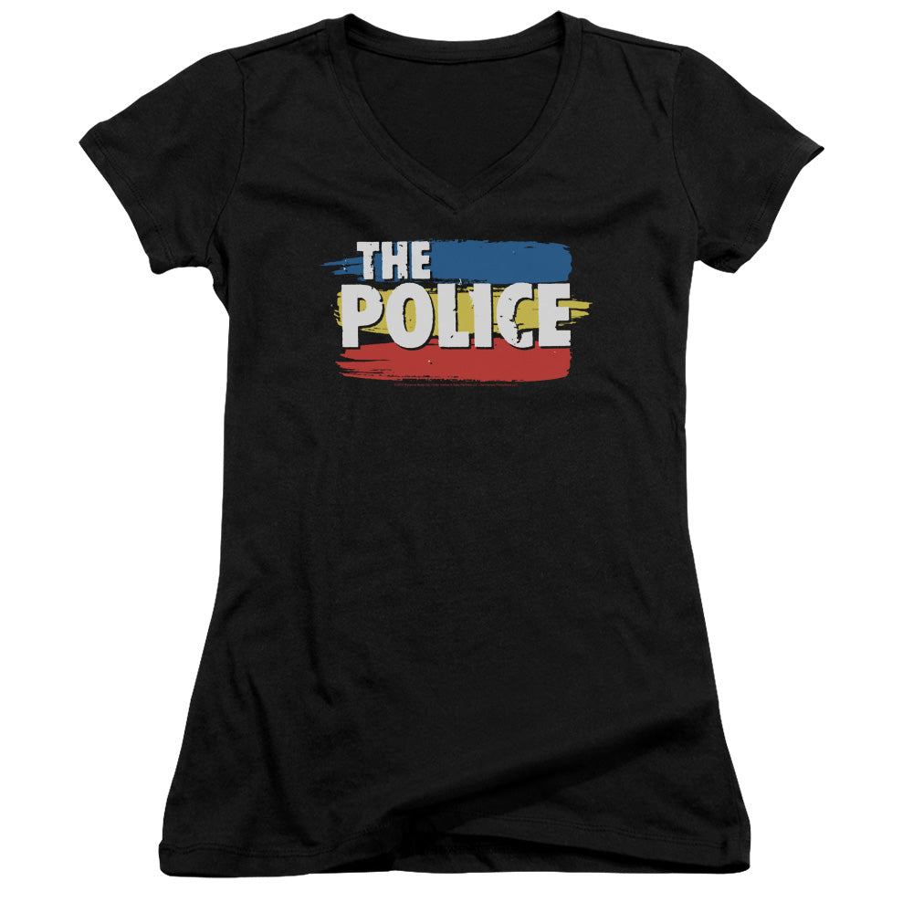 The Police Three Stripes Logo Junior Sheer Cap Sleeve V-Neck Womens T Shirt Black