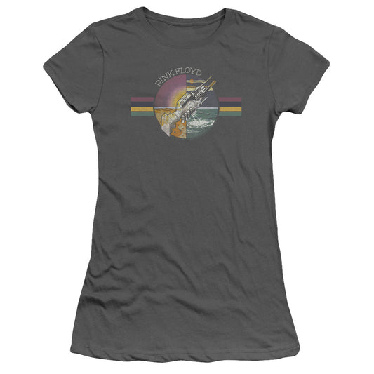 Pink Floyd Welcome To The Machine Junior Sheer Cap Sleeve Womens T Shirt Charcoal