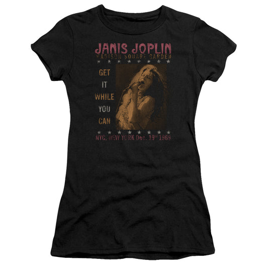 Janis Joplin One Night Only Junior Sheer Cap Sleeve Premium Bella Canvas Womens T Shirt Black