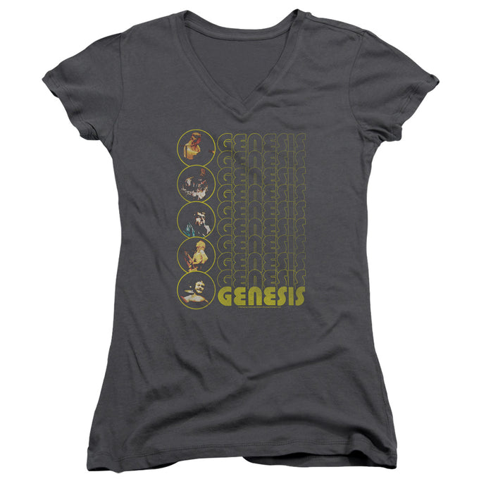Genesis The Carpet Crawlers Junior Sheer Cap Sleeve V-Neck Womens T Shirt Charcoal