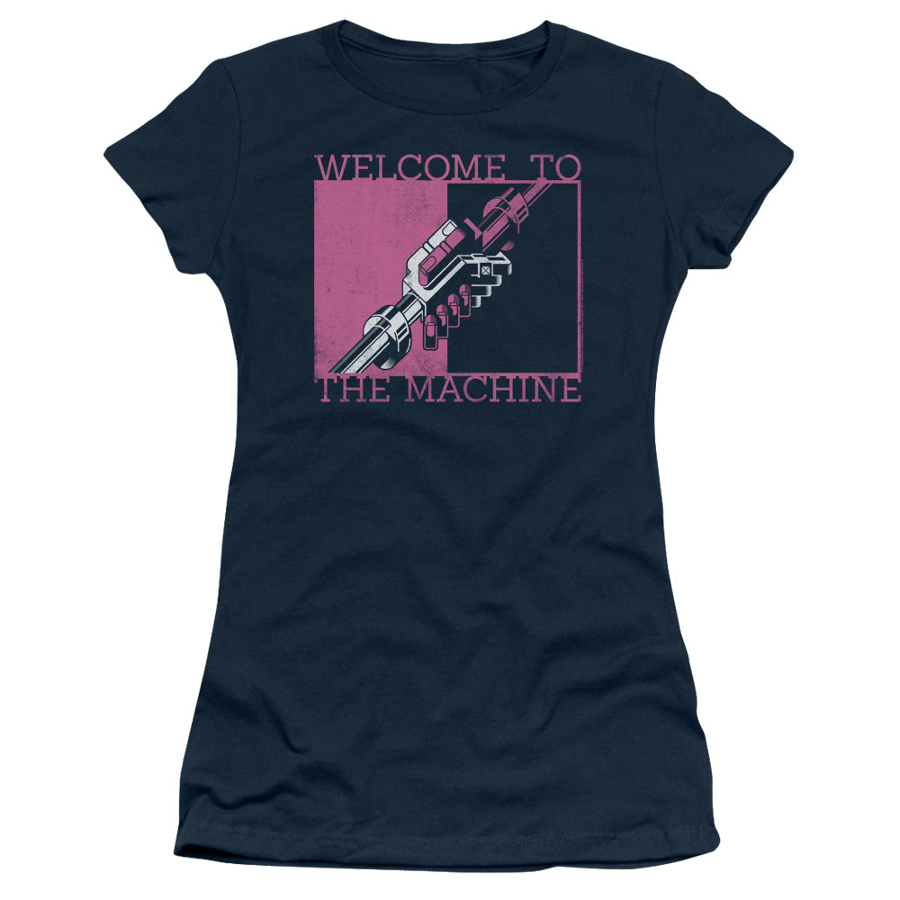 Pink Floyd Welcome To The Machine Junior Sheer Cap Sleeve Womens T Shirt Navy Blue