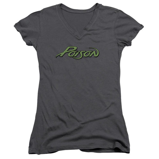 Poison Poison Logo Junior Sheer Cap Sleeve V-Neck Womens T Shirt Charcoal