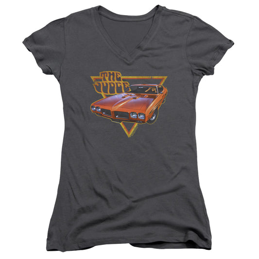 Pontiac Judged Junior Sheer Cap Sleeve V Neck Womens T Shirt Charcoal