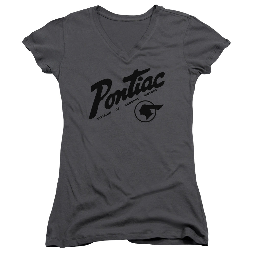 Pontiac Division Junior Sheer Cap Sleeve V Neck Womens T Shirt Charcoal