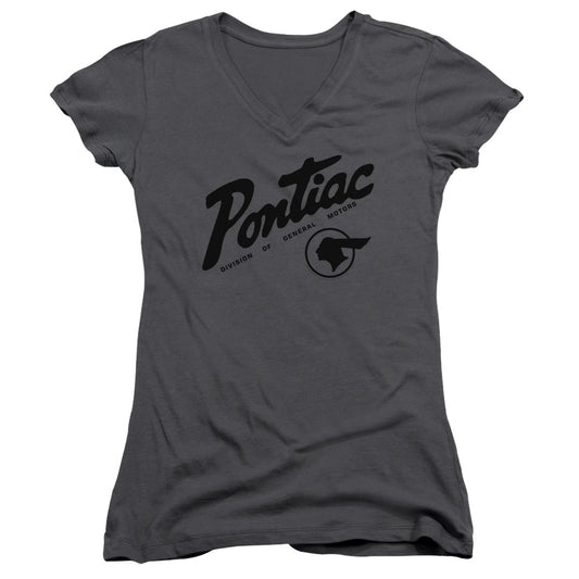 Pontiac Division Junior Sheer Cap Sleeve V Neck Womens T Shirt Charcoal