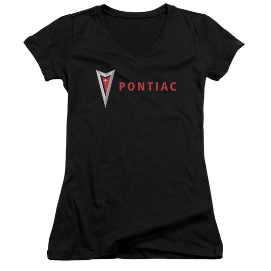 Pontiac Modern Pontiac Arrowhead Junior Sheer Cap Sleeve V Neck Womens T Shirt Black