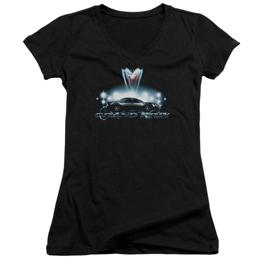 Pontiac Silver Grand Prix Junior Sheer Cap Sleeve V Neck Womens T Shirt Black