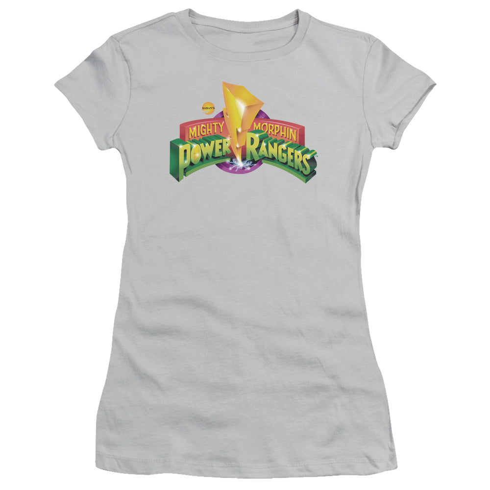 Power Rangers Mighty Morphin Power Rangers Logo Junior Sheer Cap Sleeve Womens T Shirt Silver