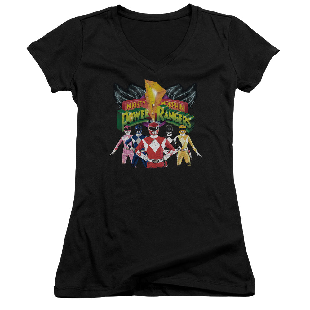 Power Rangers Rangers Unite Junior Sheer Cap Sleeve V-Neck Womens T Shirt Black