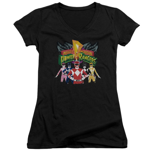 Power Rangers Rangers Unite Junior Sheer Cap Sleeve V-Neck Womens T Shirt Black