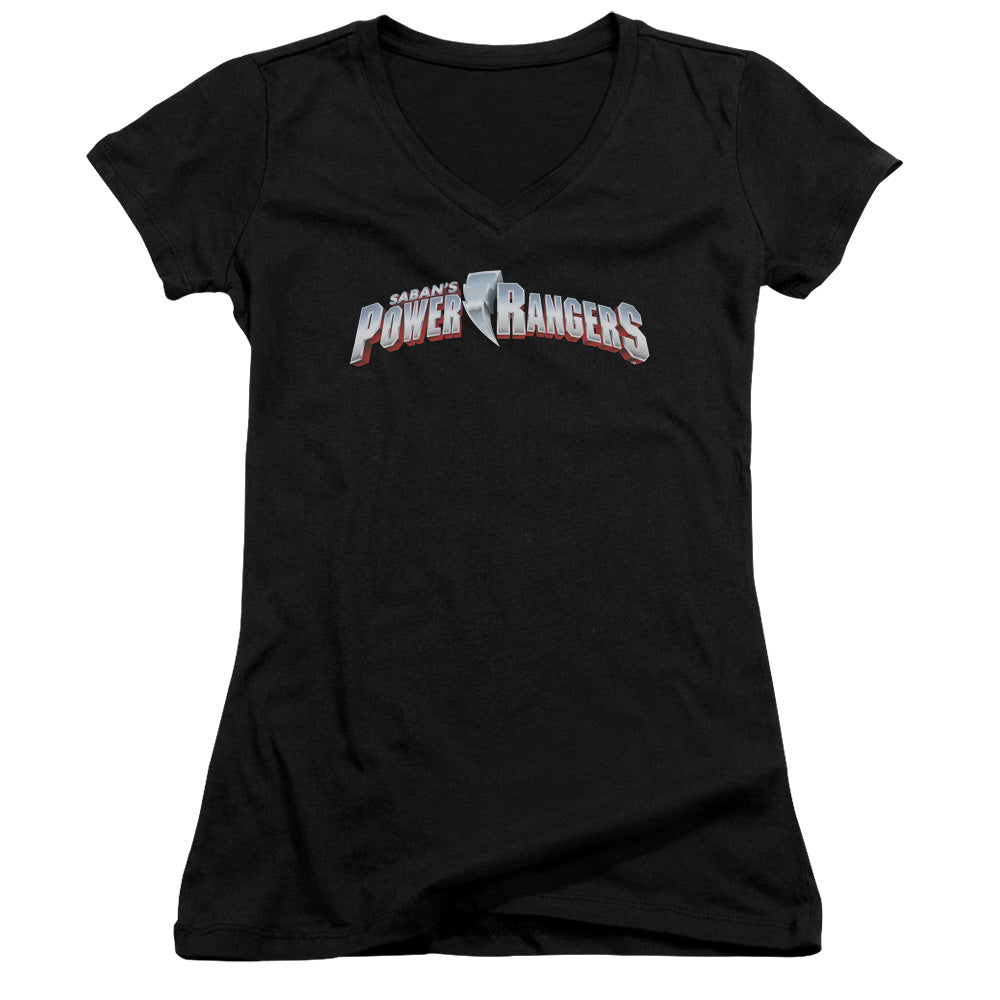 Power Rangers New Logo Junior Sheer Cap Sleeve V-Neck Womens T Shirt Black