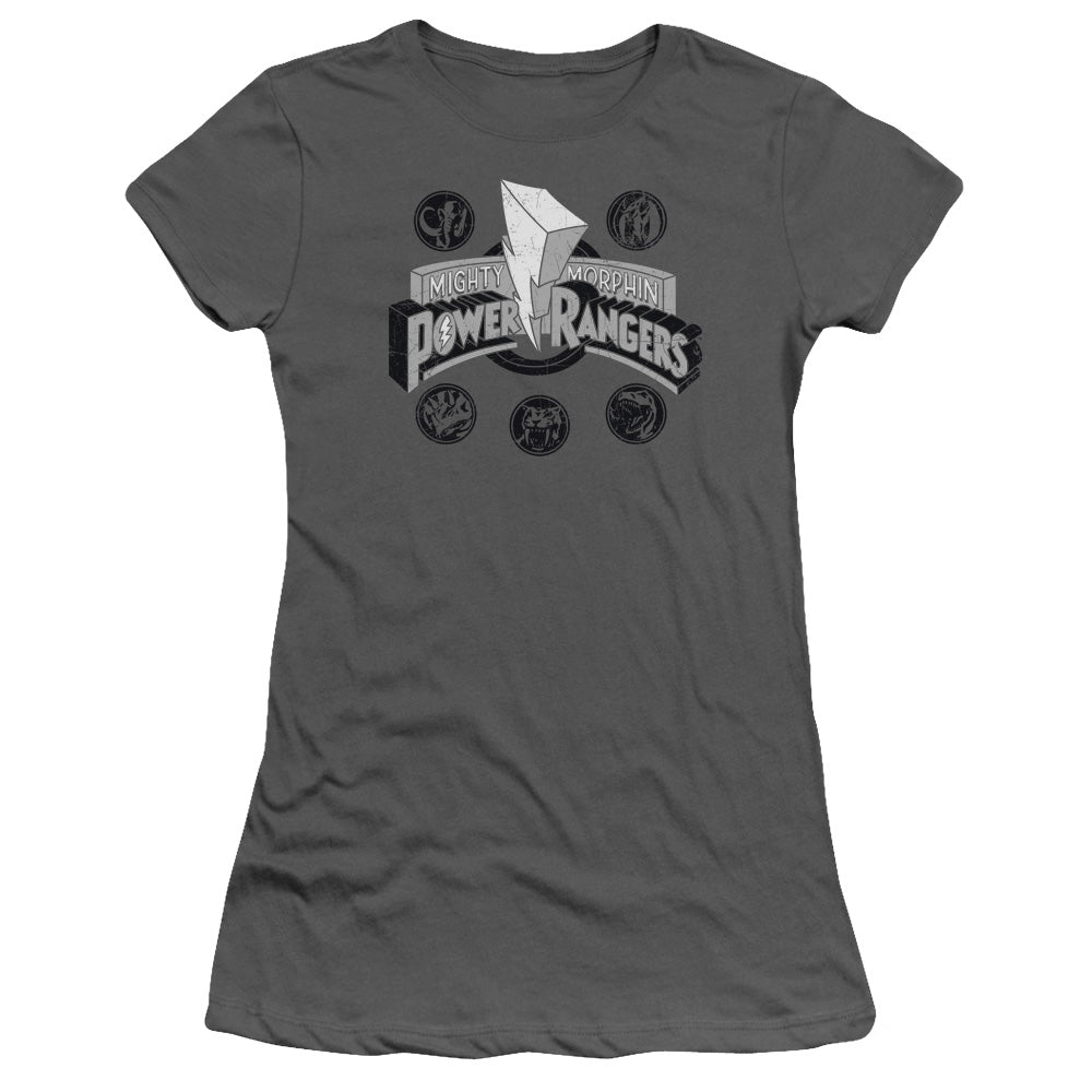 Power Rangers Power Coins Junior Sheer Cap Sleeve Womens T Shirt Charcoal