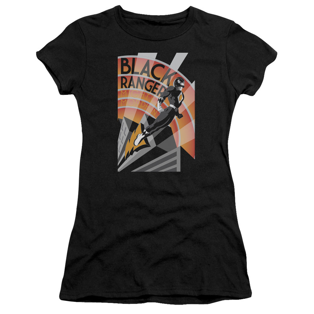 Power Rangers Black Ranger Deco Junior Sheer Cap Sleeve Womens T Shirt Black